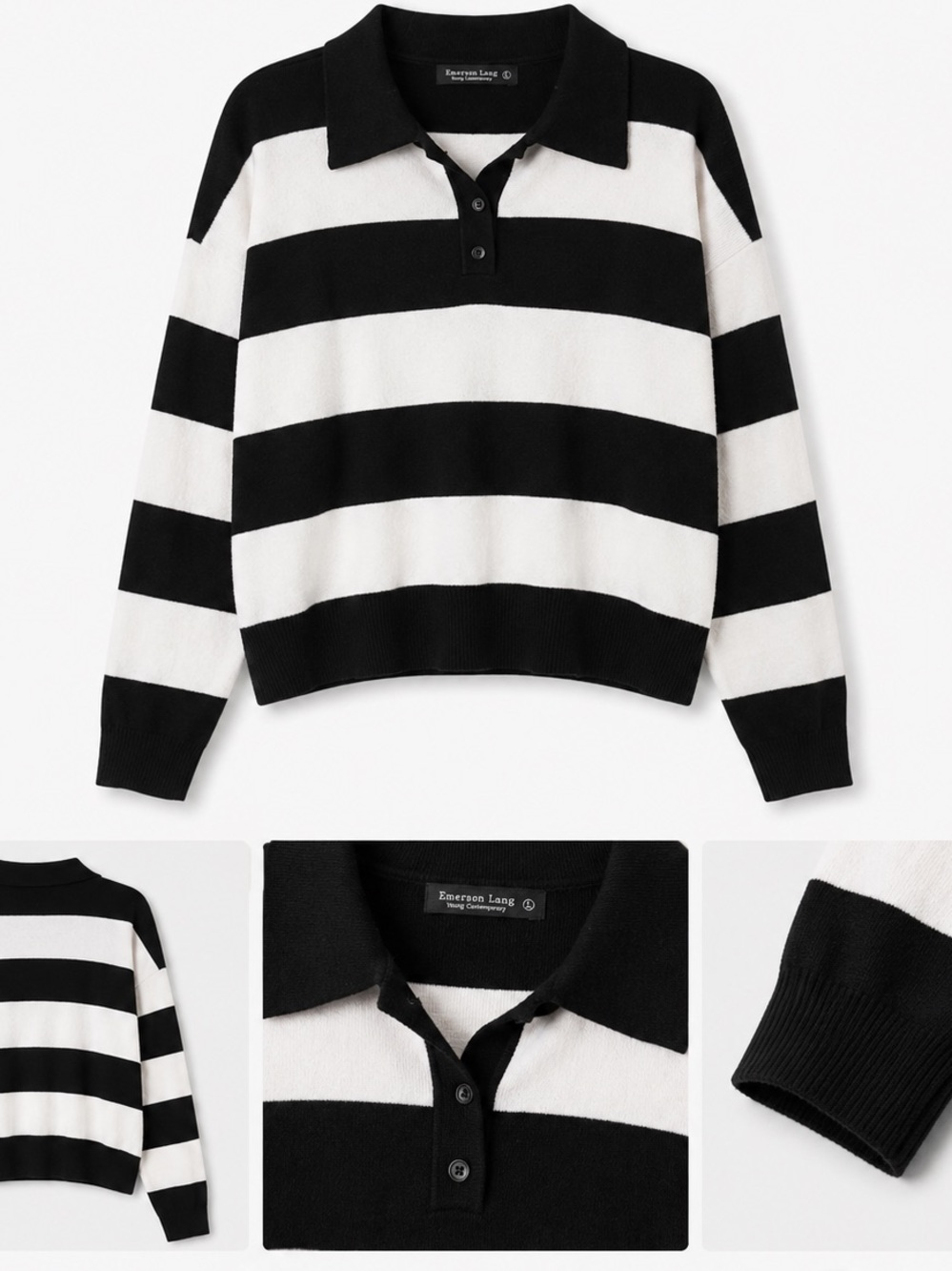 Emerson Lang Striped Knit Polo Sweater Top Black White Cropped Preppy Women’s L